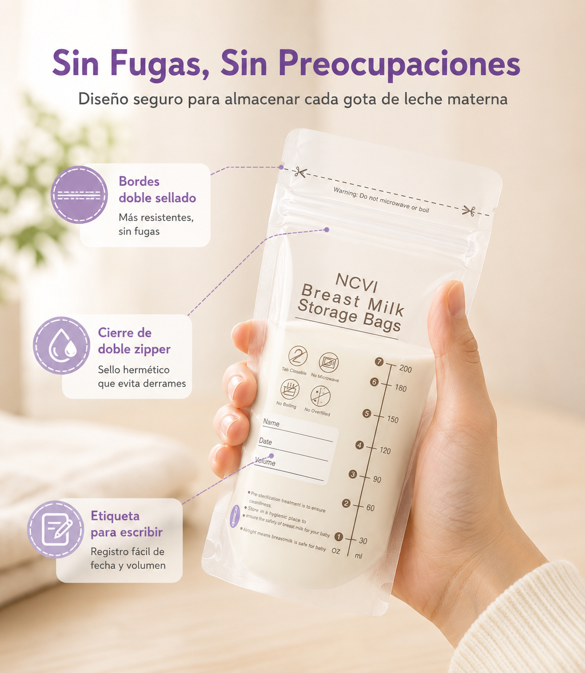 Breast Milk Storage Bags 200 ml with Double Seal and Temperature Sensor