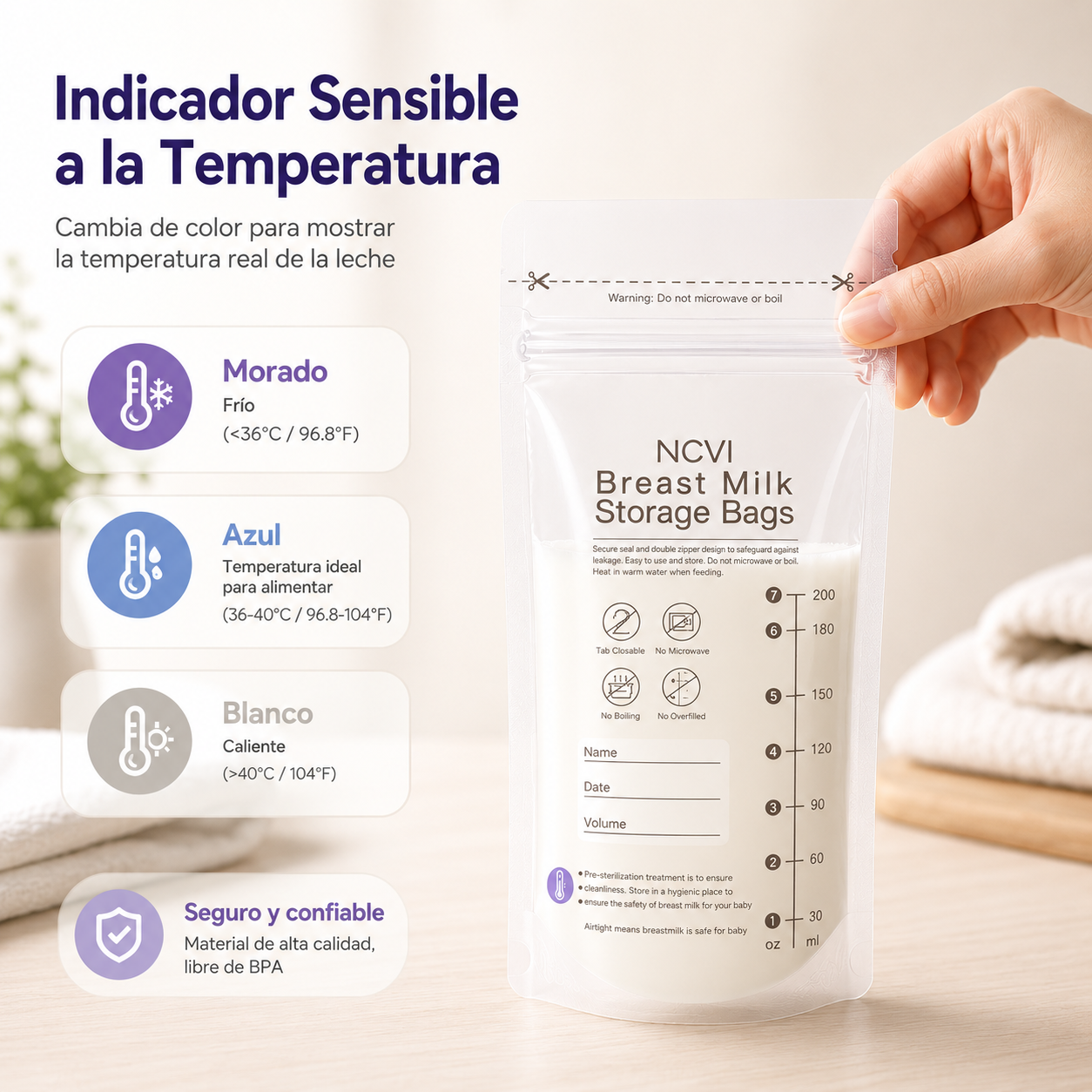 Breast Milk Storage Bags 200 ml with Double Seal and Temperature Sensor